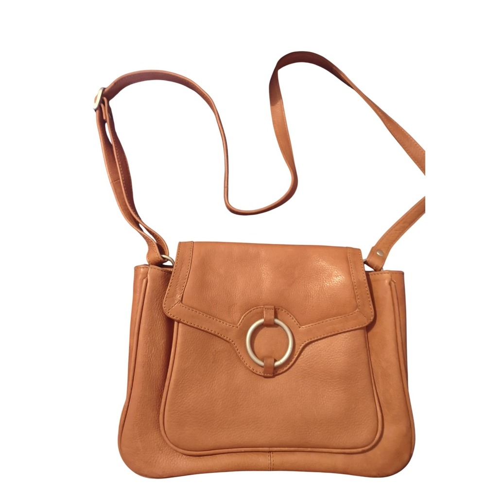 VTG Paul & Taylor USA Tan Genuine Leather Crossbody Bag Ring Detail Shoulder Bag